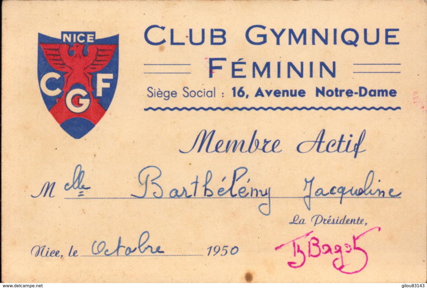 Alpes Maritimes, Nice, Club Gymnique Feminin, Carte De Membre, 1950     (bon Etat) - Autres & Non Classés