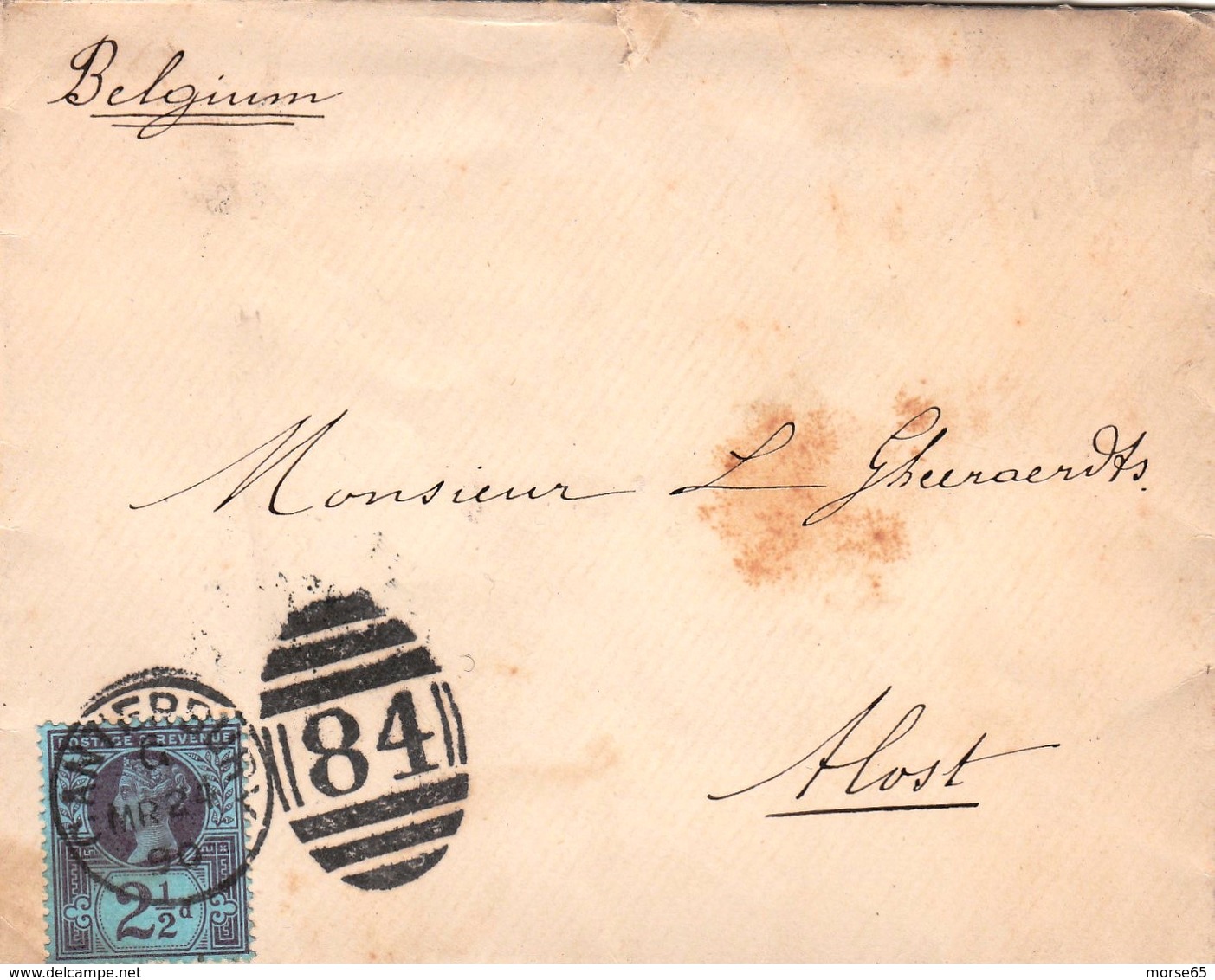 1890 SG 201 - 2 1/2d Purple/blue ON COVER FROM CANTERBURY TO ALOST AALST BELGIUM - L GHEERAERDTS - Cartas & Documentos