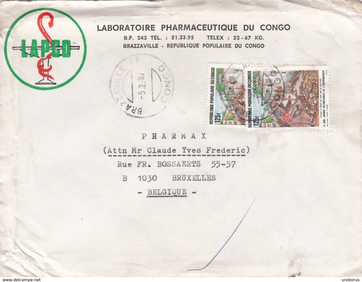 CONGO - Brazzavile 1987 - Laboratoire Pharmaceutique Du Congo Cover To Belgium - Y&T 775 X 2 - Oblitérés