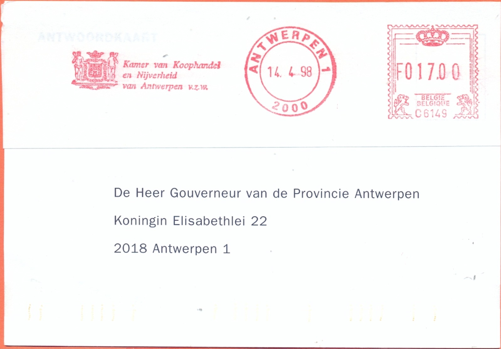 Belgium Nice Card EMA Kamer Van Koophandel En Nijverheid  Antwerpen 1998 - 1980-99