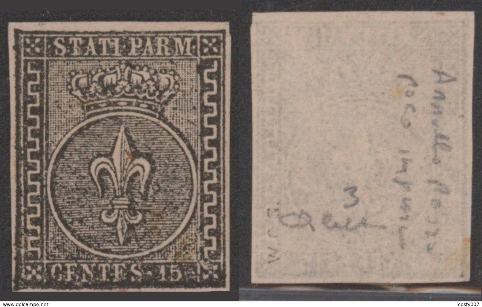 Italy Parma 1852 Coat Of Arms 15C Mi.3P Black On White Paper PROOFS SIGNED MNG AM.572 - Parma