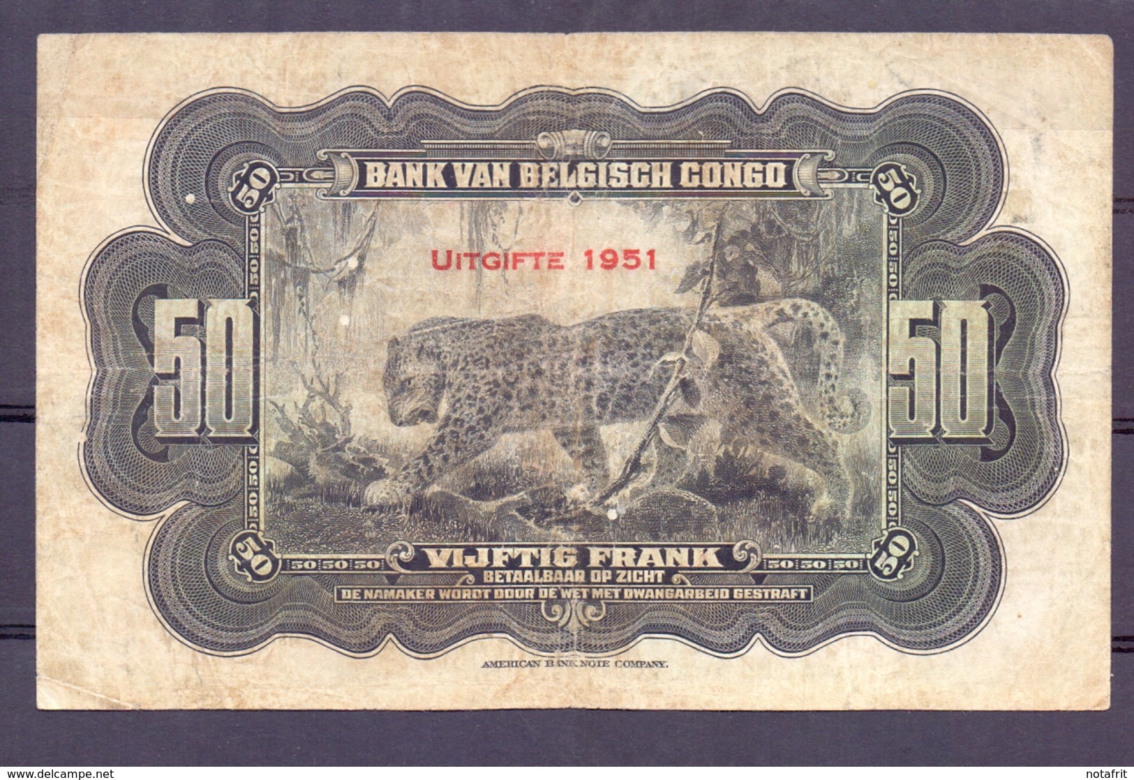 Belgian Congo  50 Fr 1951  Rare - Bank Belg. Kongo