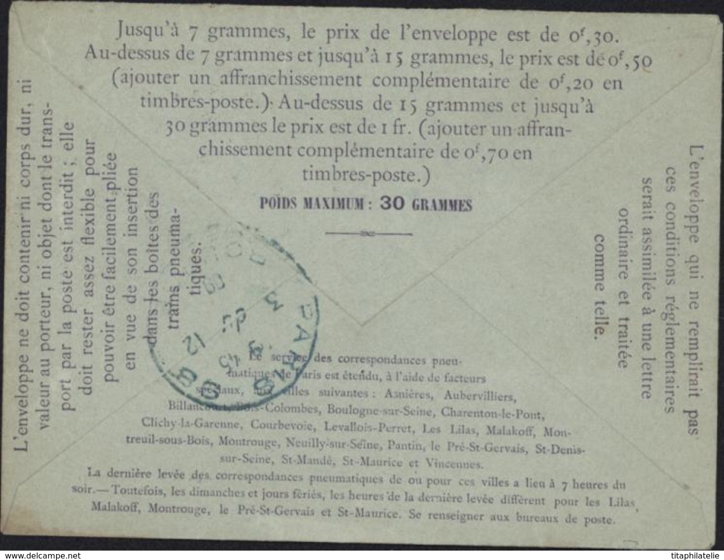 Entier Enveloppe Pneumatique Entier 30c Violet Semeuse Camée 123x95 Dos 20 Villes CAD Paris Bd Haussman 9 20 3 Du 12 09 - Pneumatiques