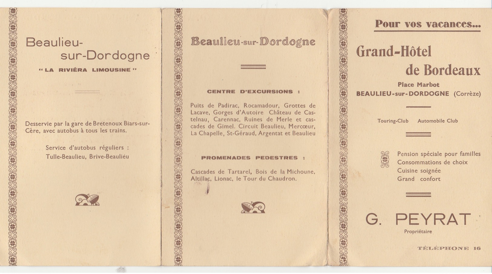 GRAND HOTEL DE BORDEAUX à BEAULIEU Sur DORDOGNE (Corrèze) - Dépliant Et Carte Postale (écrite) - Pubblicitari