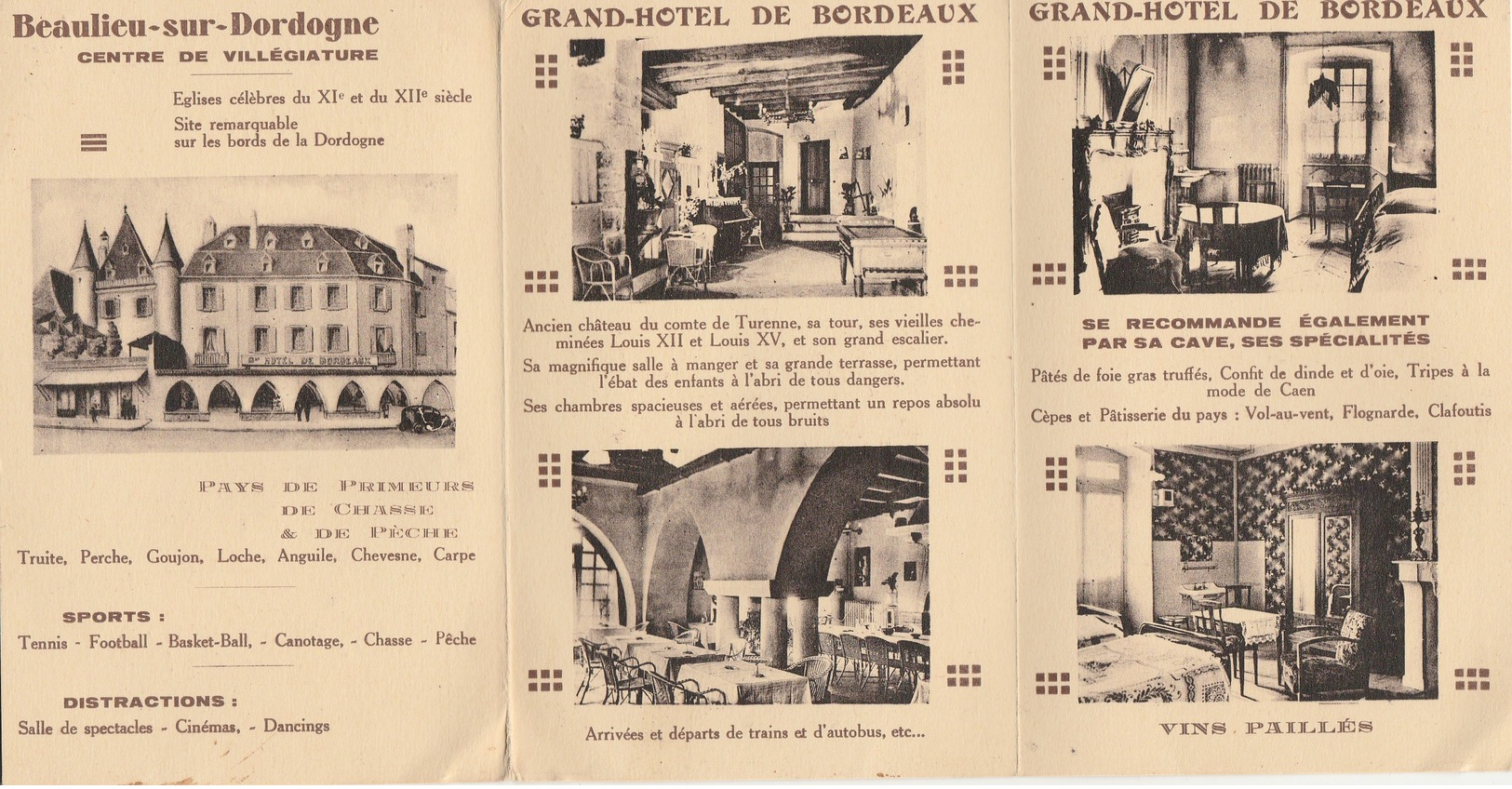 GRAND HOTEL DE BORDEAUX à BEAULIEU Sur DORDOGNE (Corrèze) - Dépliant Et Carte Postale (écrite) - Advertising