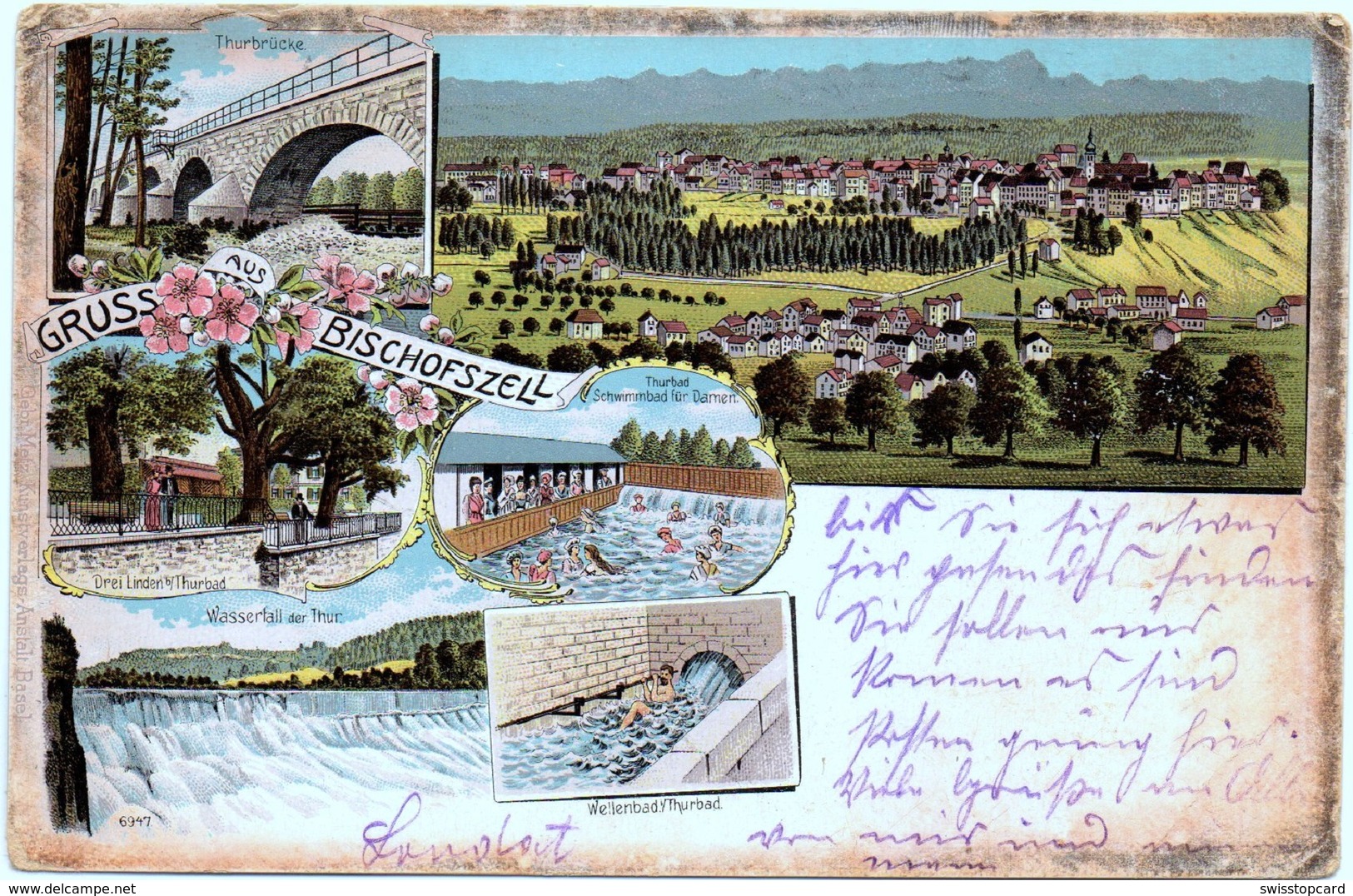 LITHO Gruss Aus BISCHOFSZELL Thurbrücke Drei Linden Thurbad Schwimmbad - Bischofszell