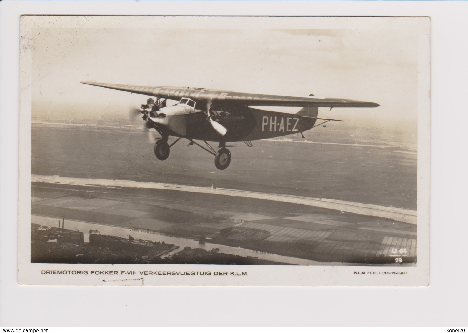 Vintage Rppc KLM K.L.M Royal Dutch Airlines Fokker F-VIIb Aircraft - 1919-1938: Between Wars