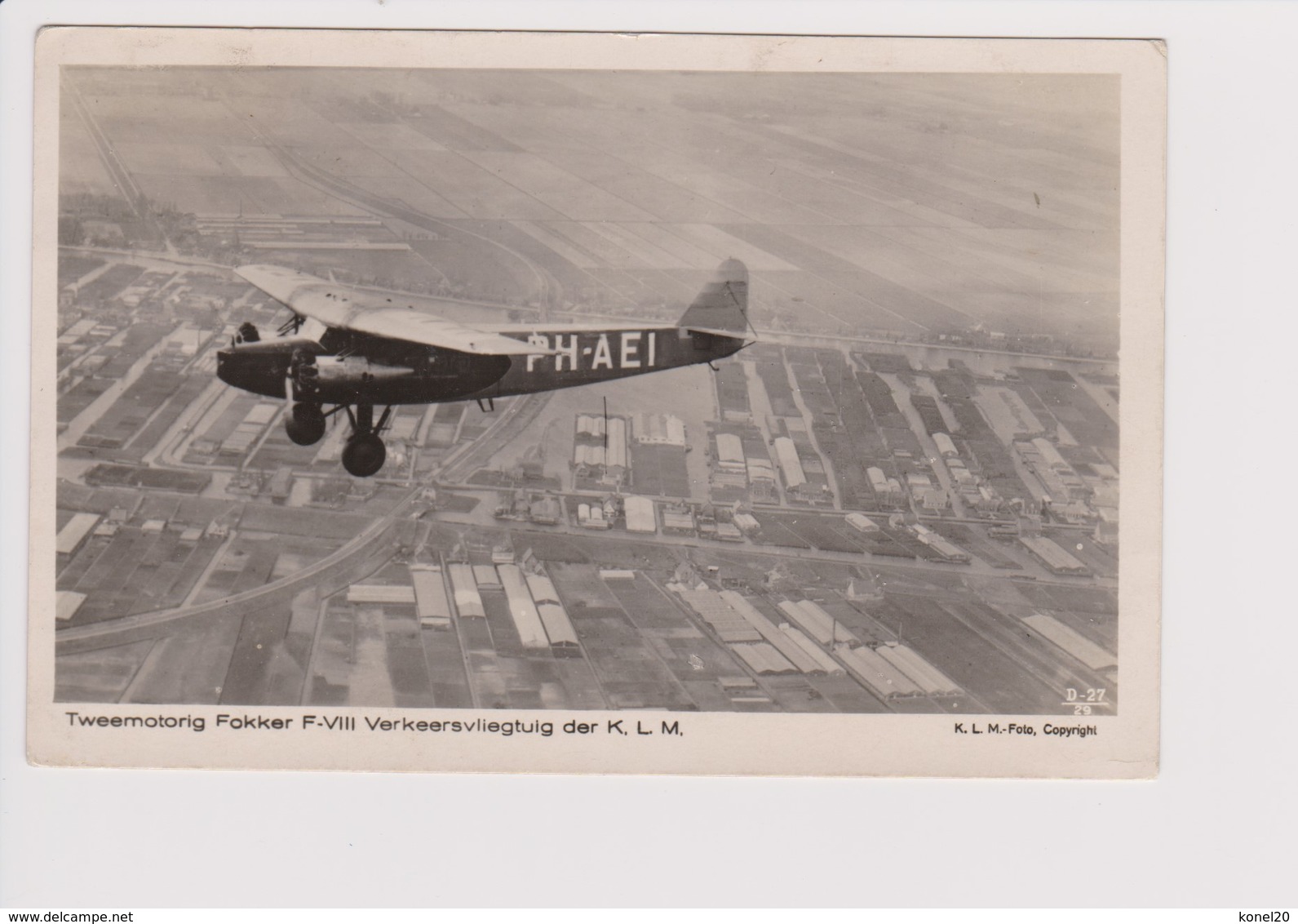 Vintage Rppc KLM K.L.M Royal Dutch Airlines Fokker F-VIII Aircraft - 1919-1938: Between Wars