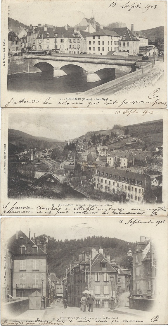 23 - Lot 3 CPA Précurseur D'Aubusson - Vue Prise Du Pont Neuf, Quartier De La Gare, Pont Neuf - Circulées 1903 - Aubusson