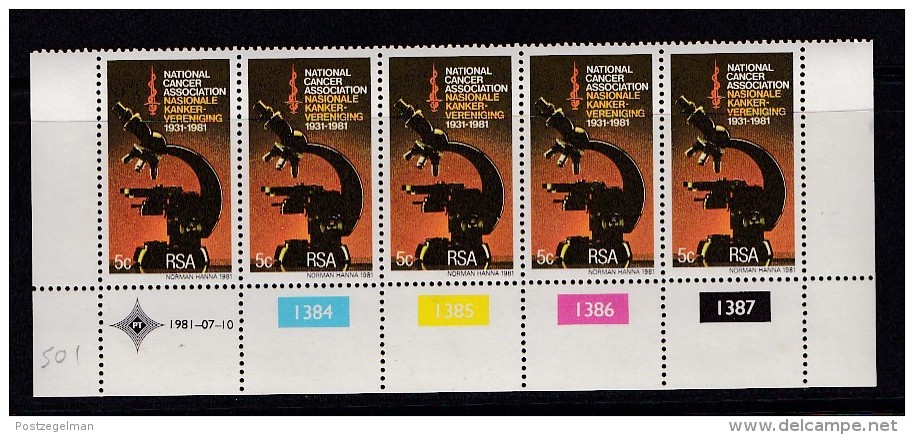 SOUTH AFRICA, 1981, MNH Control Strip Of  5, Anti Cancer,  M 589 - Ongebruikt