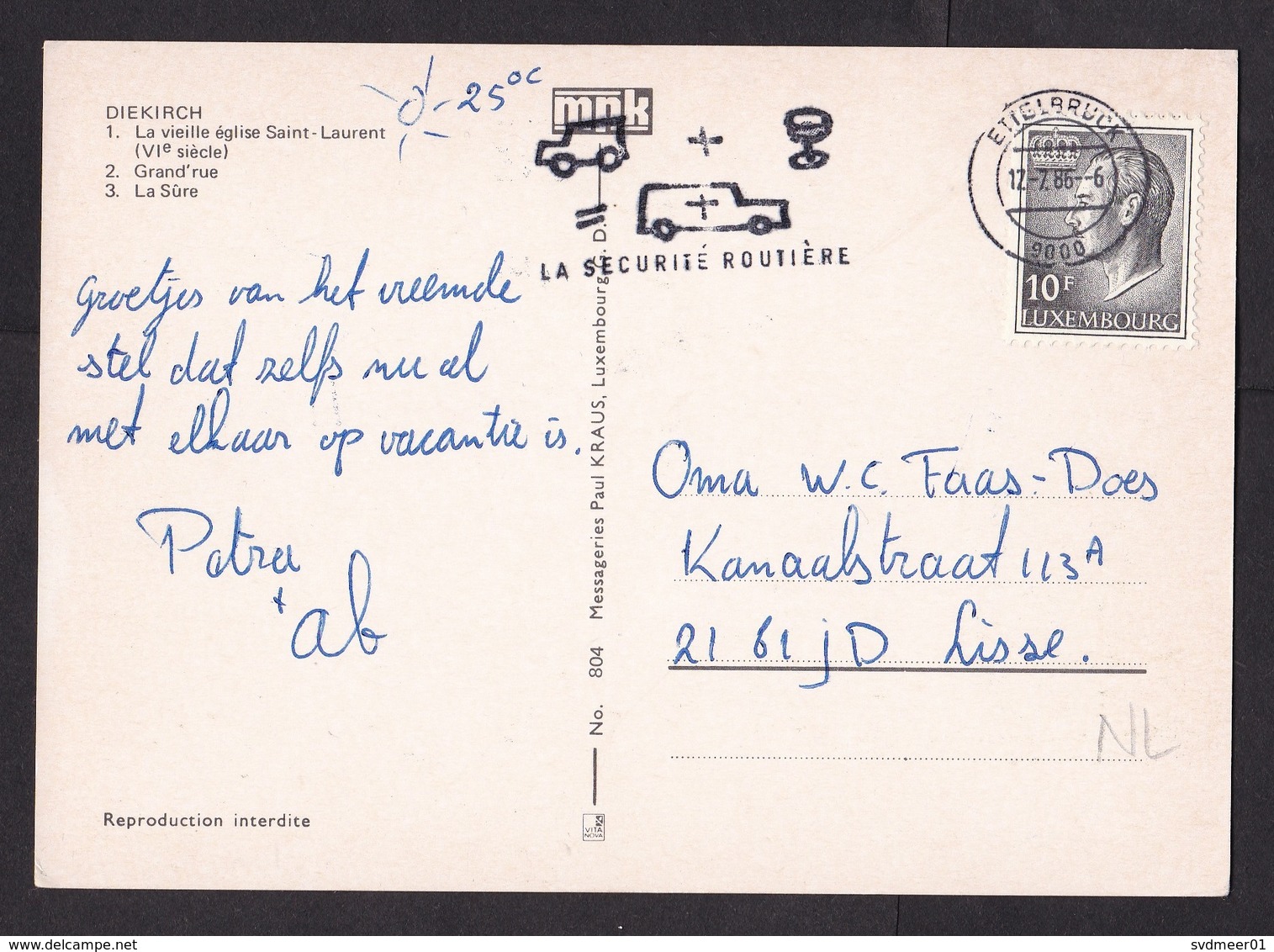 Luxembourg: Picture Postcard To Netherlands 1986, 1 Stamp, Cancel No Alcohol In Traffic, Car Road Safety (traces Of Use) - Brieven En Documenten