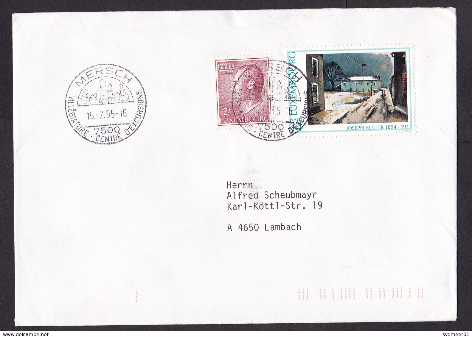 Luxembourg: Cover Mersch To Austria, 1995, 2 Stamps, Painting Joseph Kutter, Art (minor Damage) - Brieven En Documenten