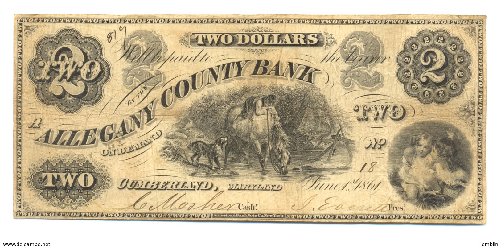 2 DOLLARS BANQUE DU COMTE D'ALLEGHANY 1ER JUIN 1861 - Maryland