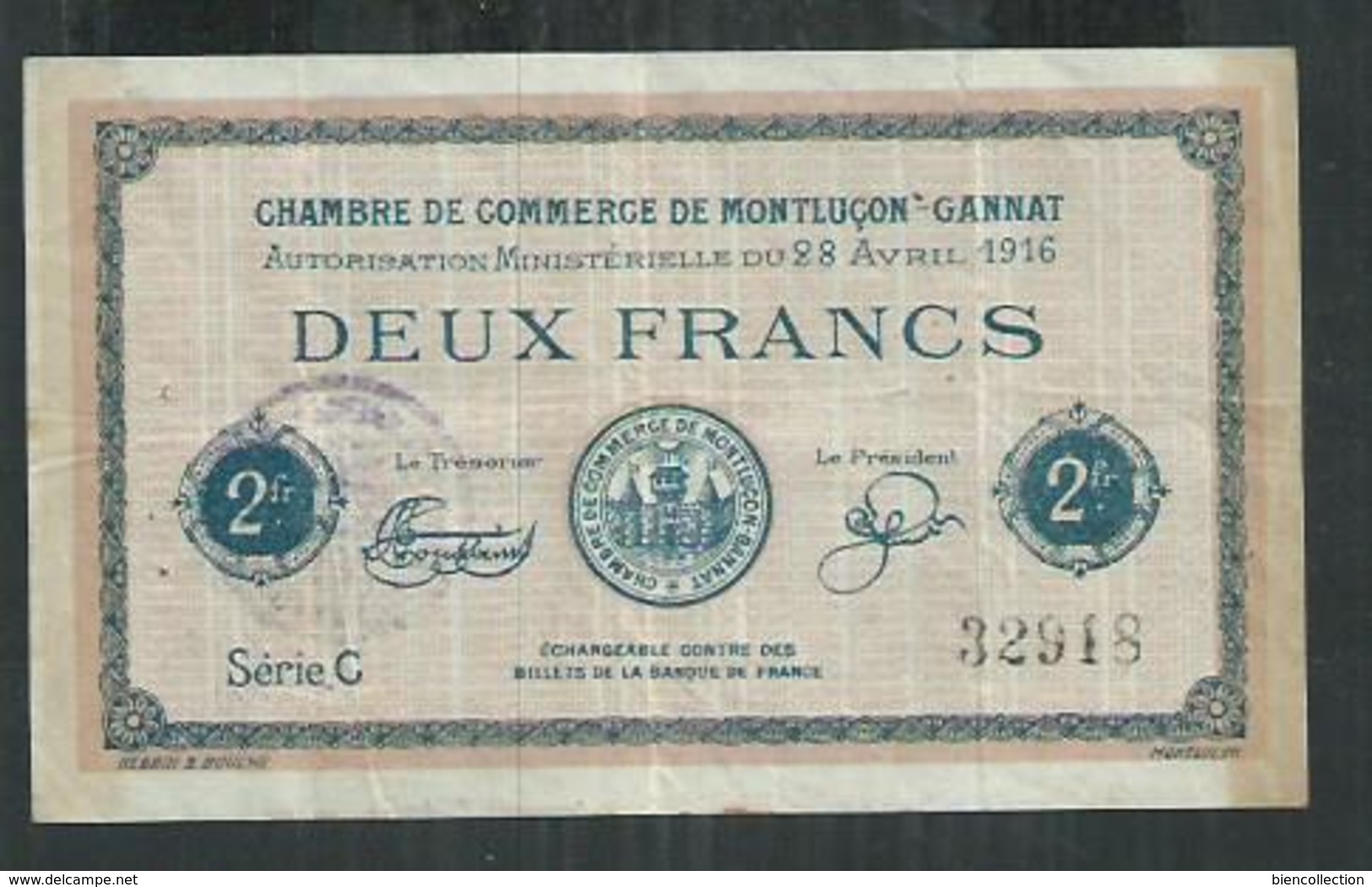 Chambre De Commerce De Montluçon Gannat (Allier)  Bilet De 2 Francs - Notgeld