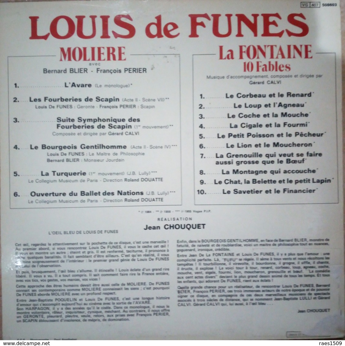 Disque 33 T De Louis De Funes (Moliere-la Fontaine Fables) - Musique De Films