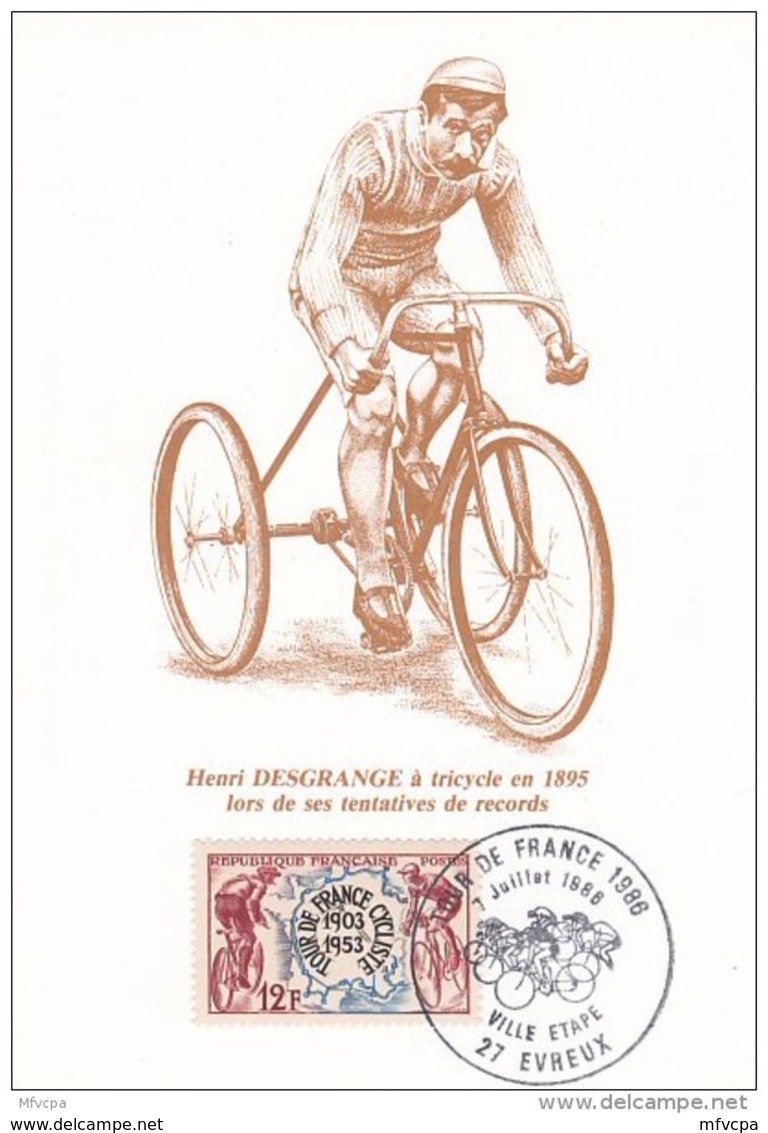 L4C318 France 1986 CP Tour De France 1986  Henri Desgranges à Tricycle  Obl Comm. GF Evreux 07 07 1986 - Cyclisme
