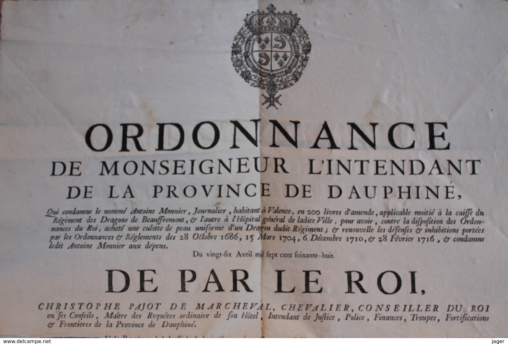 Ordonnance  De Monseigneur  L'intendant De La Province De Dauphiné 1768 Condamnation - Documents Historiques