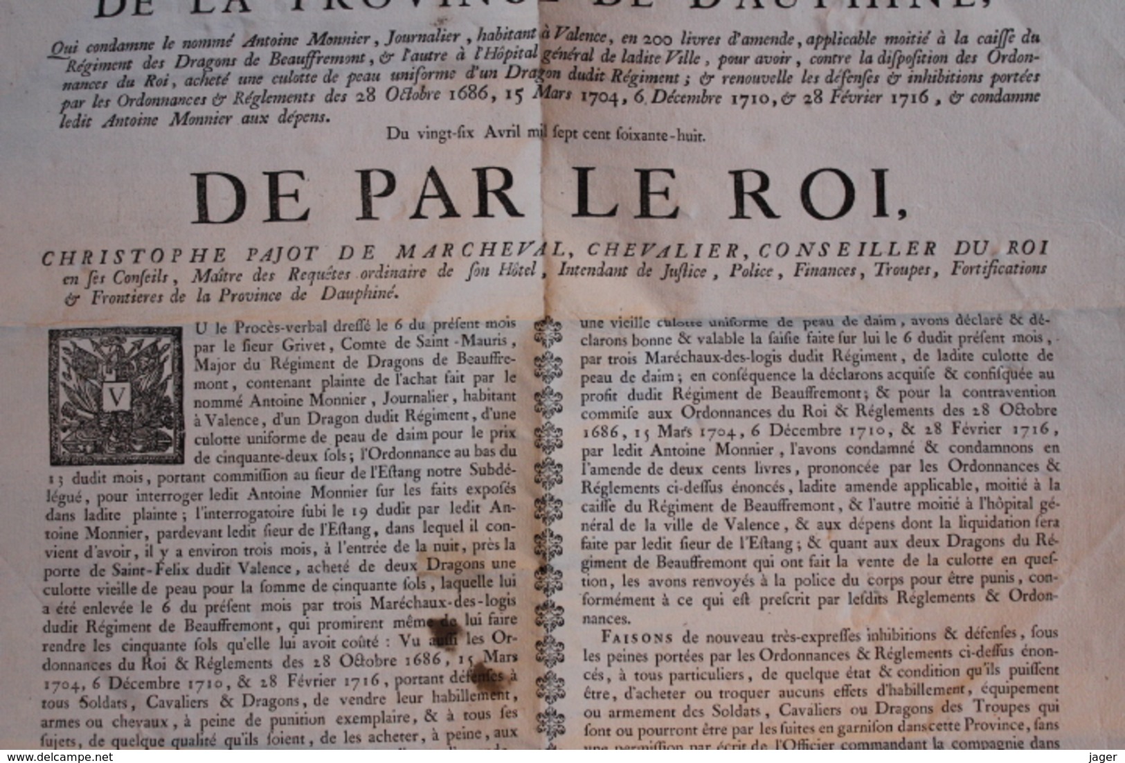 Ordonnance  De Monseigneur  L'intendant De La Province De Dauphiné 1768 Condamnation - Documents Historiques