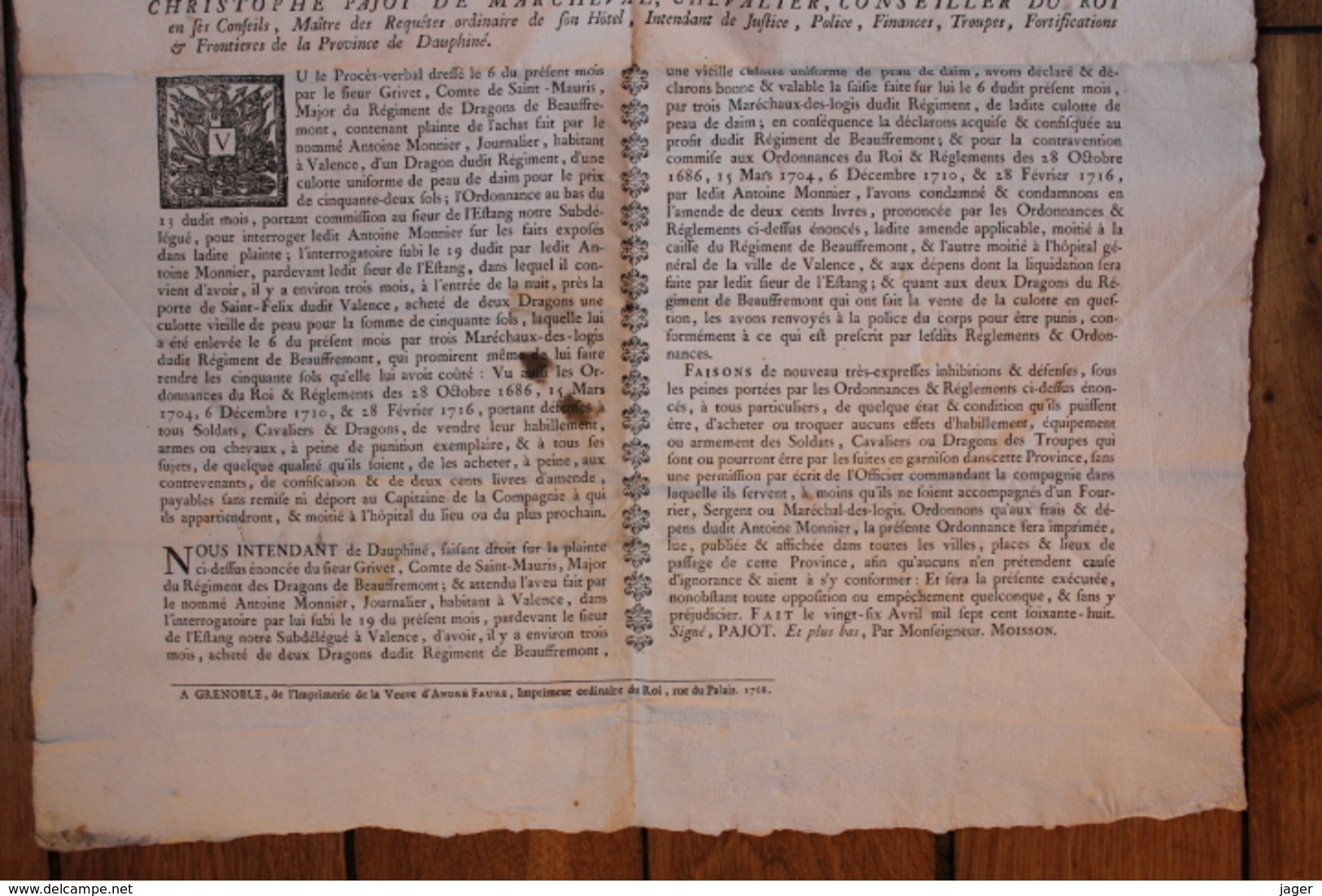 Ordonnance  De Monseigneur  L'intendant De La Province De Dauphiné 1768 Condamnation - Documents Historiques