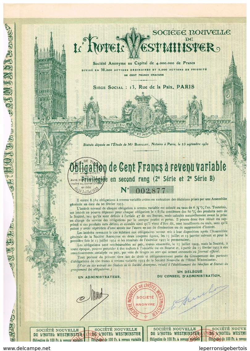 Obligation Ancienne - Société Nouvelle De L'Hôtel Westminster - Titre De 1933 - Déco - - Tourisme