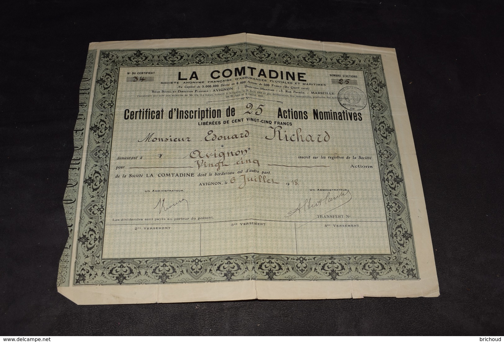 La Comtadine Société Anonyme Française D'Assurances Fluviales Et Maritimes Juillet 1918 - Navigation