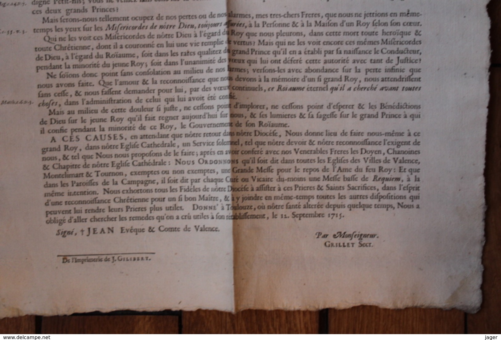 Mandement  De Monseigneur  L'Evêque Et Comte De Valence 1715  Mort Du Roi Louis XIV - Historical Documents