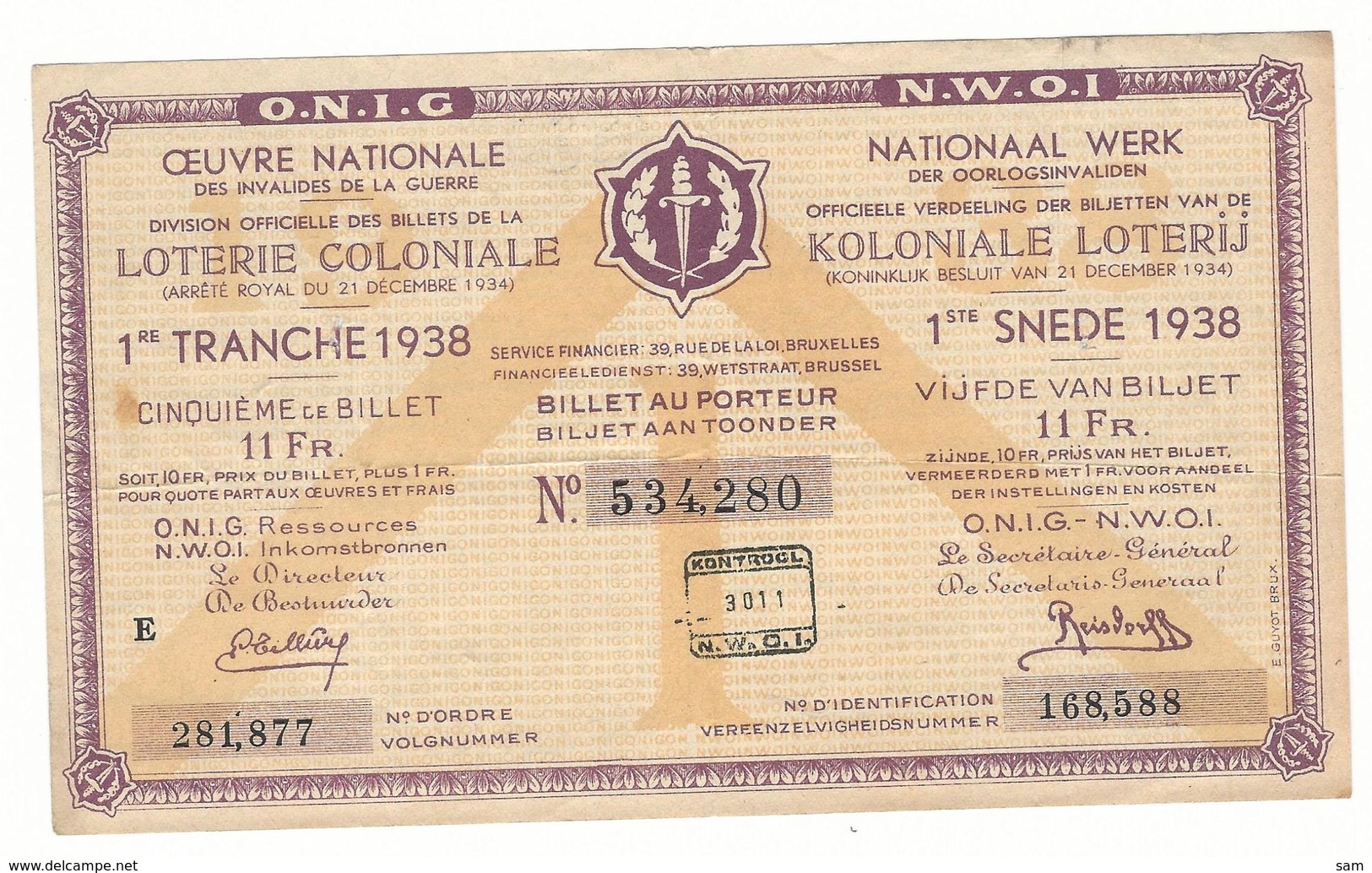 Loterie Coloniale / Koloniale Loterij 1/5 O.N.I.G./ N.W.O.I.  11fr.  1re Tranche 1938 / 1ste  Snede 1938 - Billets De Loterie