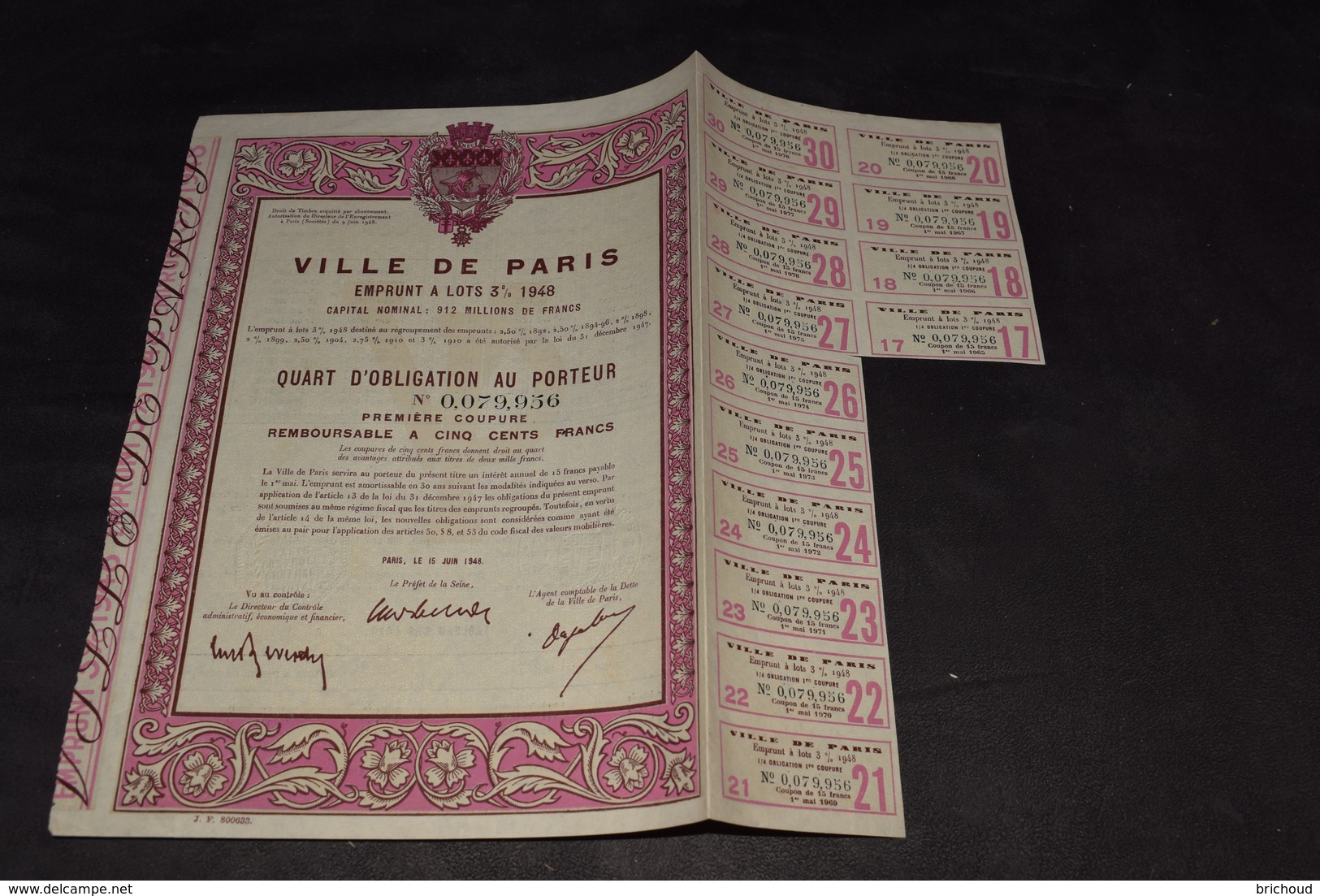 Ville De Paris Emprunt A Lots 3 % 500 Frs 1948 Premier Coupure - Banque & Assurance