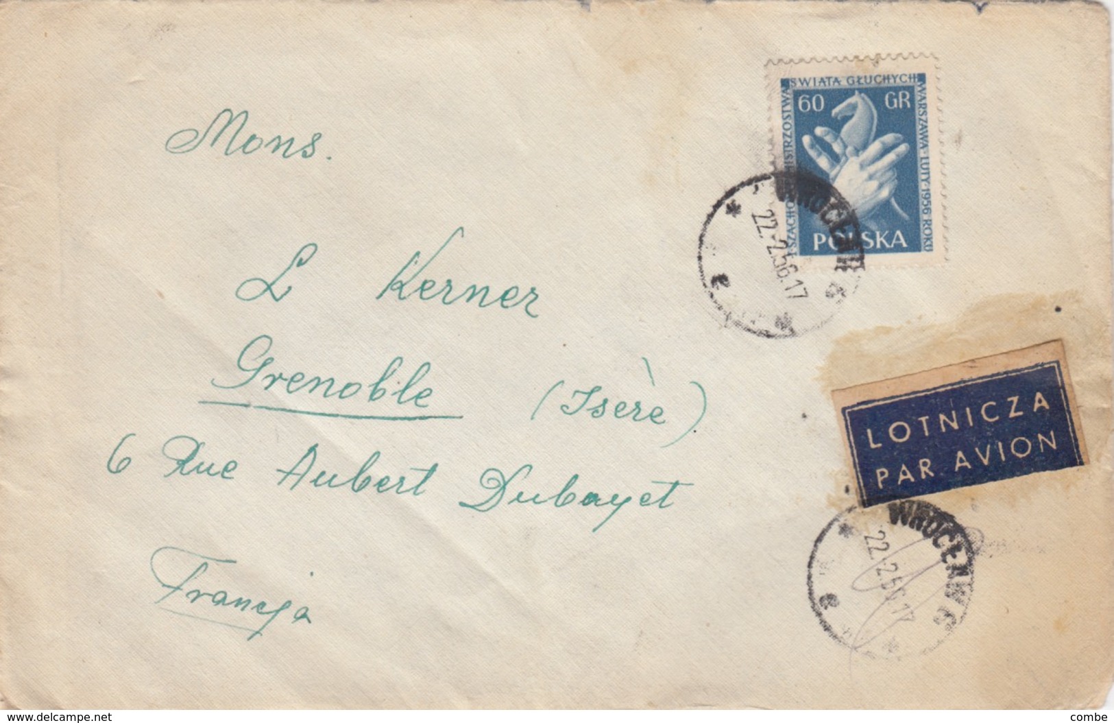 LETTRE COVER. POLSKA 22 2 1956. WROCLAW TO GRENOBLE FRANCE - Sonstige & Ohne Zuordnung