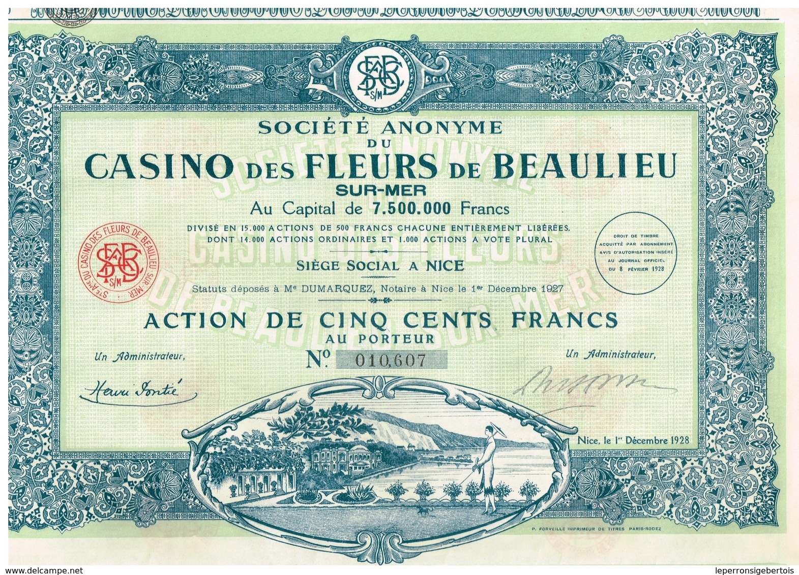 Action Ancienne - Société Anonyme Du Casino Des Fleurs De Beaulieu-sur-Mer -Titre De 1928 - Déco - - Casino