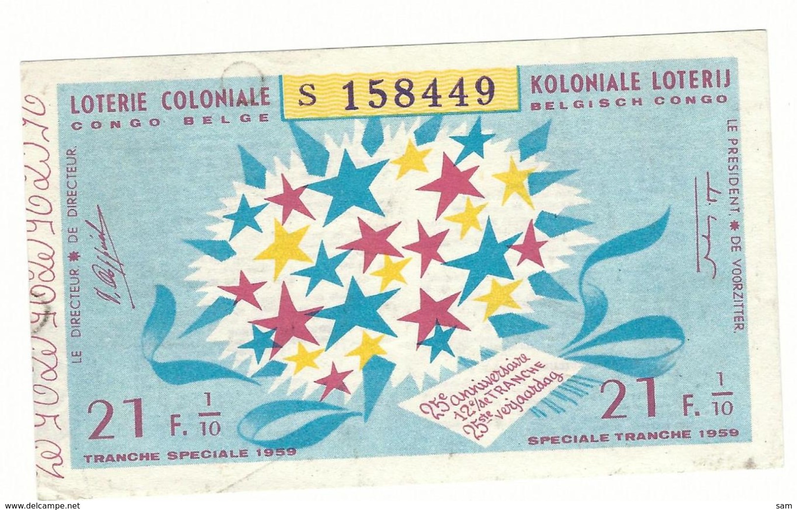 Loterie Coloniale / Koloniale Loterij 1/10  21fr. 12e Tranche 1959 / 12ste Snede 1959 - Billets De Loterie