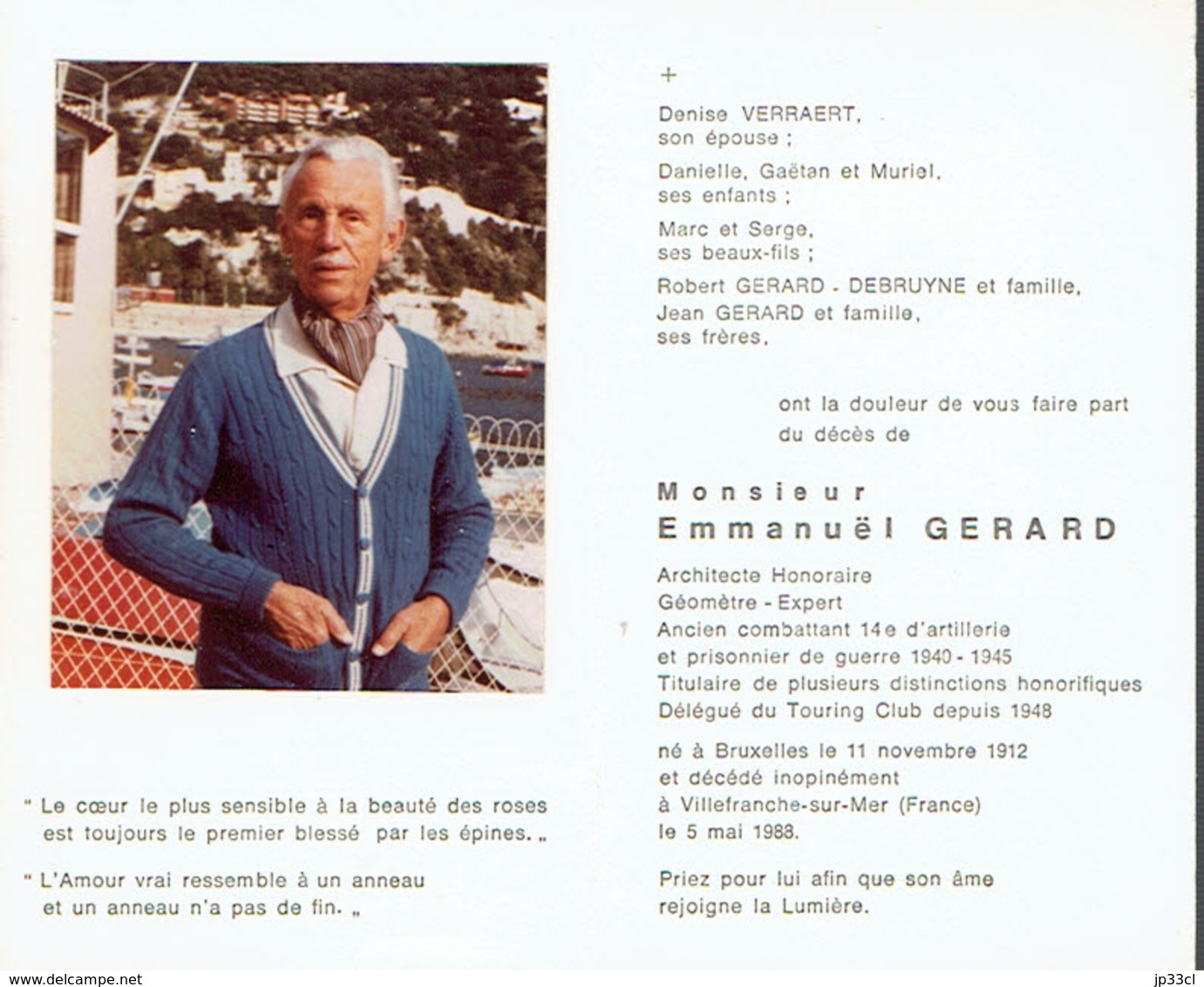 Décès De Emmanuël GERARD, Architecte, Ancien Combattant 40/45 (Bruxelles 11/11/1912 - Villefranche-sur-mer 5/5/1988) - Esquela