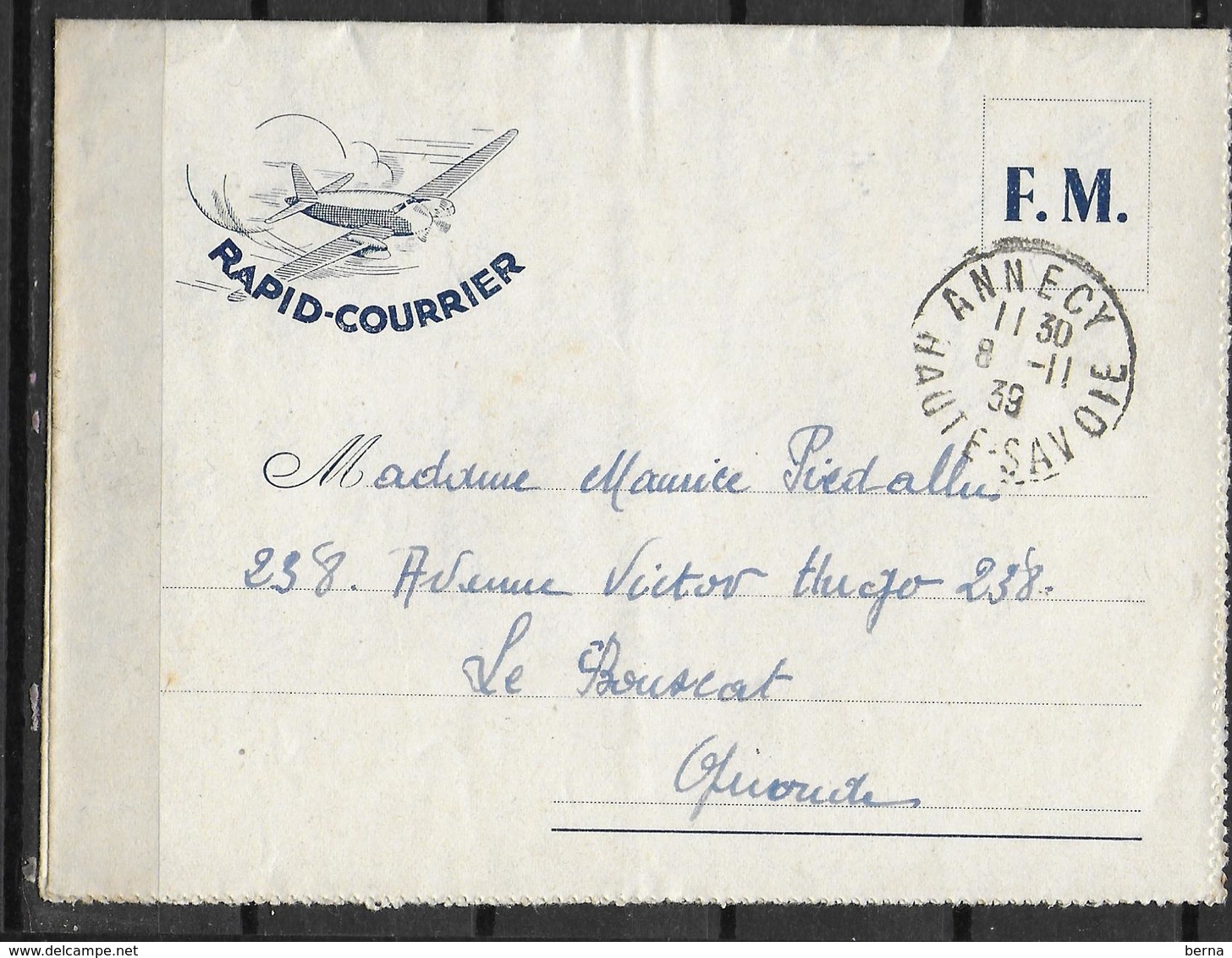 FRANCE GUERRE DE 40 CARTE FM RAPID COURRIER AU DEPART D'ANNECY - Guerre De 1939-45