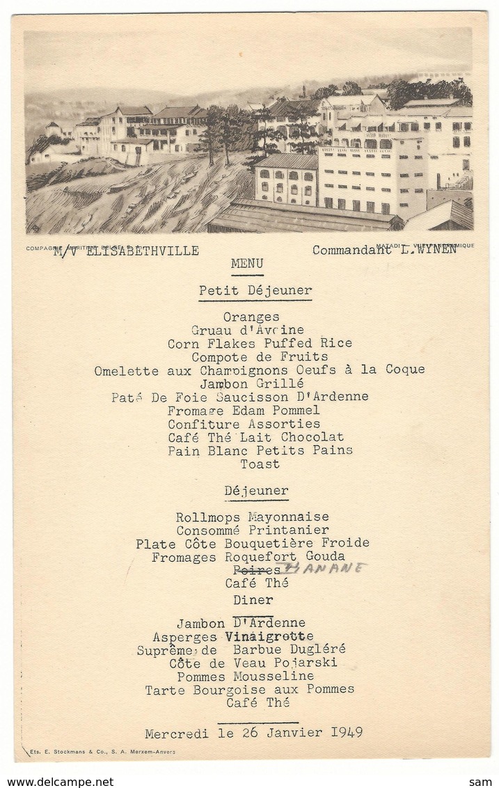 Menu M/V Elisbethville 26/01/1949 Cartevue /  Zichtkaart Matadi  Uitgever:Ets Stockmans  Raar! - Menus