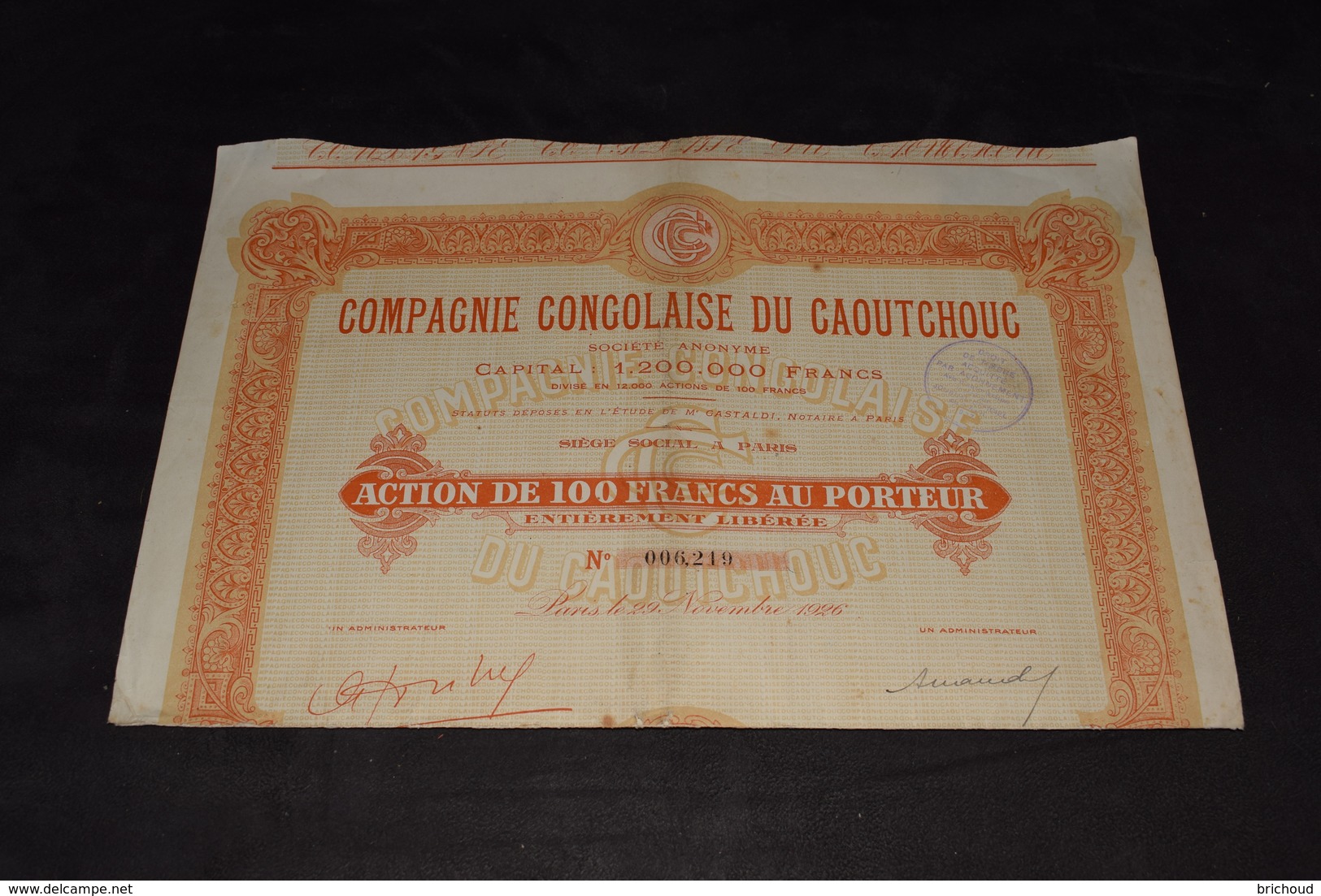 Compagnie Congolaise Du Caoutchouc 100 Frs 1926 - Afrique