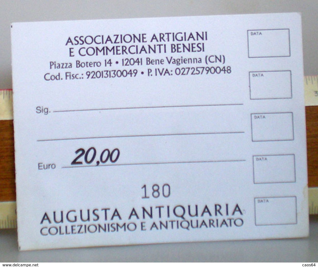 Tessera Associazione Artigiani Commercianti Benesi Cuneo Augusta Antiquaria Collezionismo Antiquariato - Mitgliedskarten