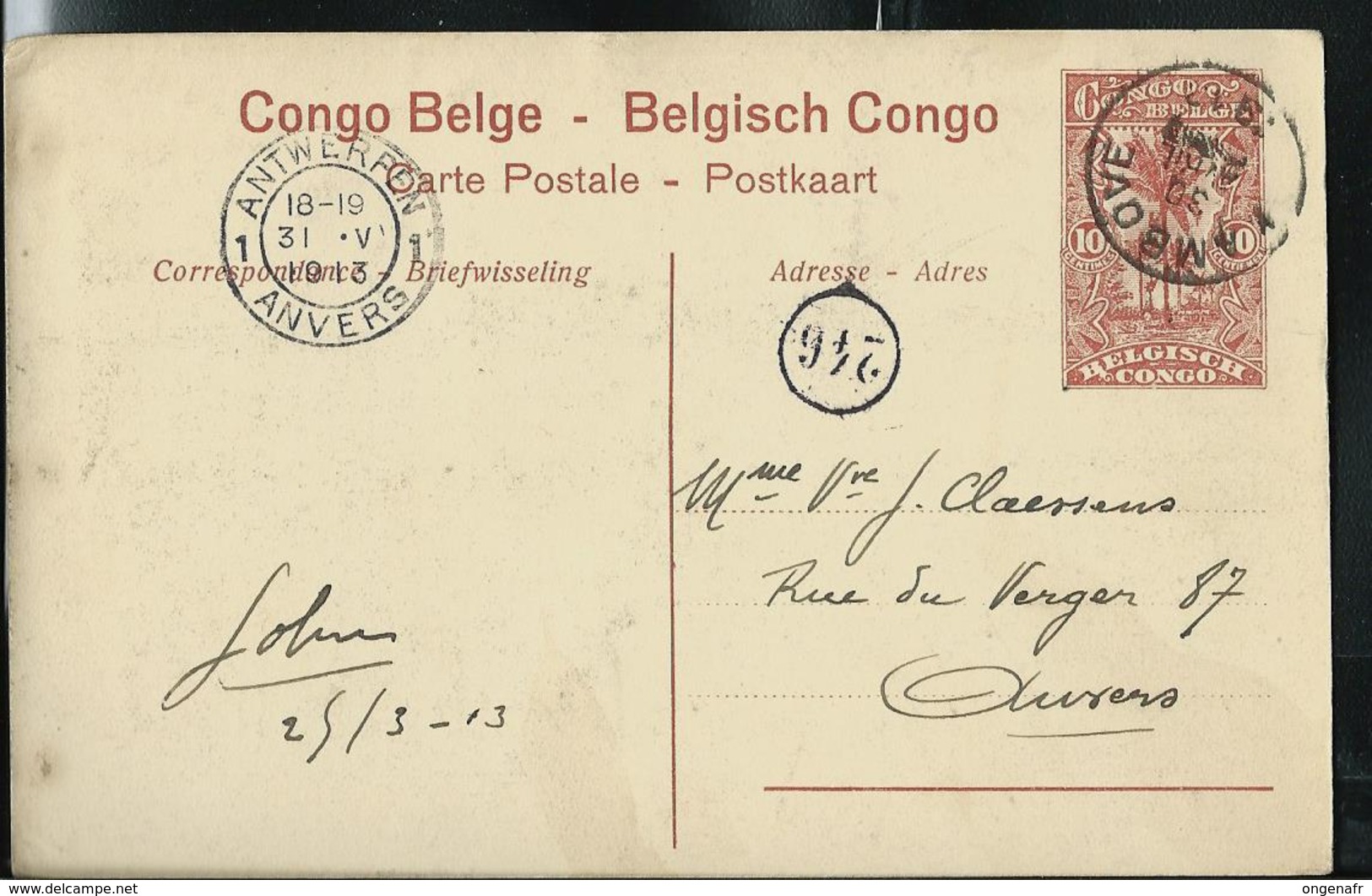 Carte Illustré Obl. N° 43. Vue: 58. Chemins De Fer Du Bas-Congo. Pont Sur La Pozo. - Obl. Kambove 30/04/1913 Pour Anvers - Interi Postali