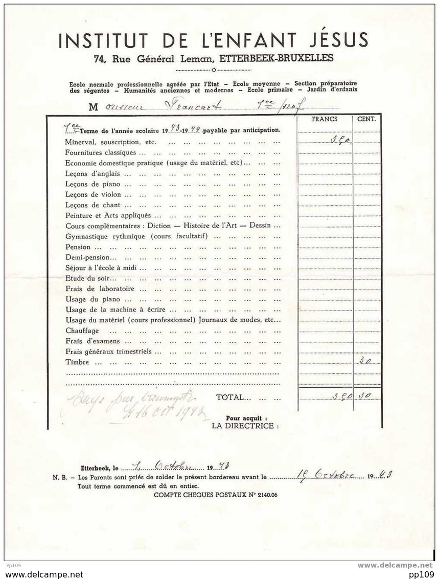 Facture : Institut De L'Enfant Jésus Rue Général Leman à Etterbeek En 1943 - Minerval Et Timbre... - Autres & Non Classés