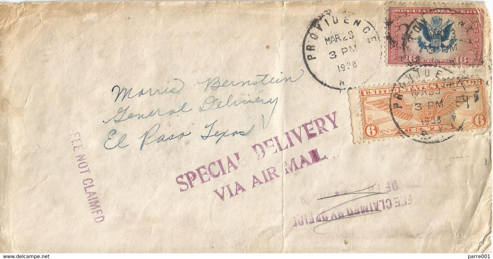 USA 1938 Providence Special Delivery Air Mail Cover El Paso - 1c. 1918-1940 Brieven