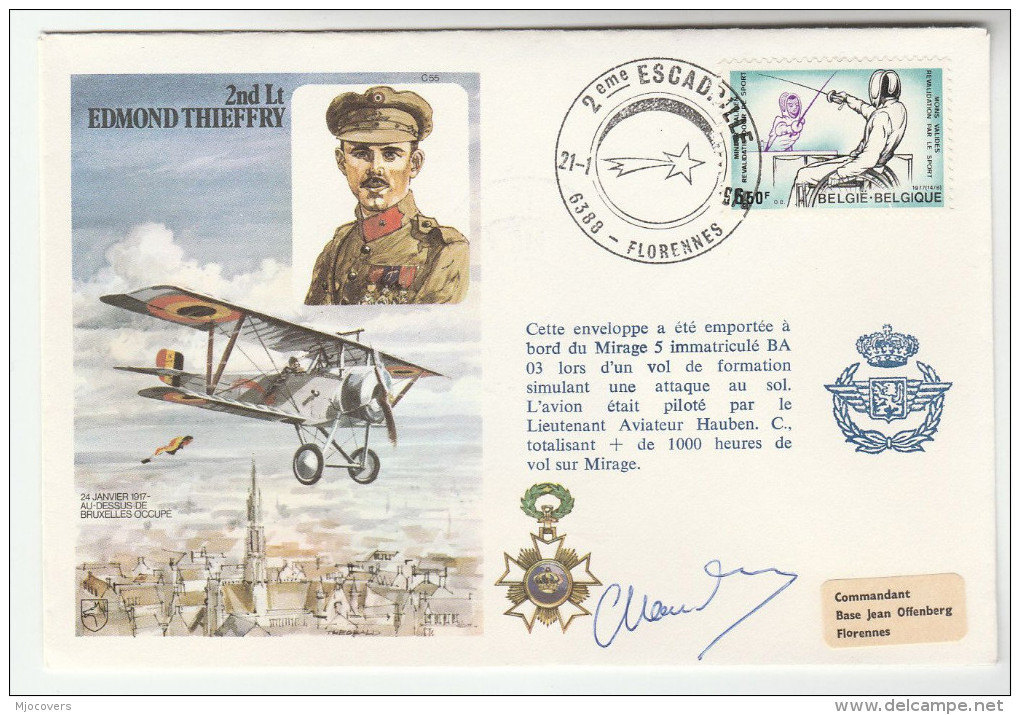 1978 Special SIGNED FLIGHT COVER BELGIUM Anniv WWI Flying Ace Edmond Thieffry Aviation Stamps Fencing - WW1