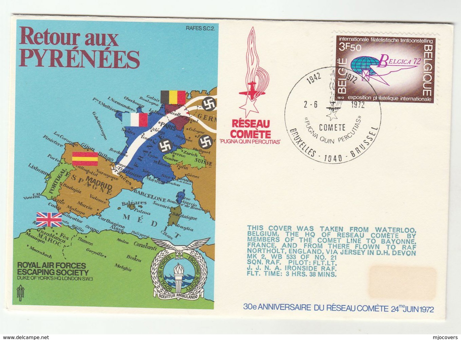 1972 BELGIUM Special FLIGHT COVER Anniv WWII RESEAU COMETE RESISTANCE LINE  To France Illus MAP OCCUPIED EUROPE Aviation - WW2