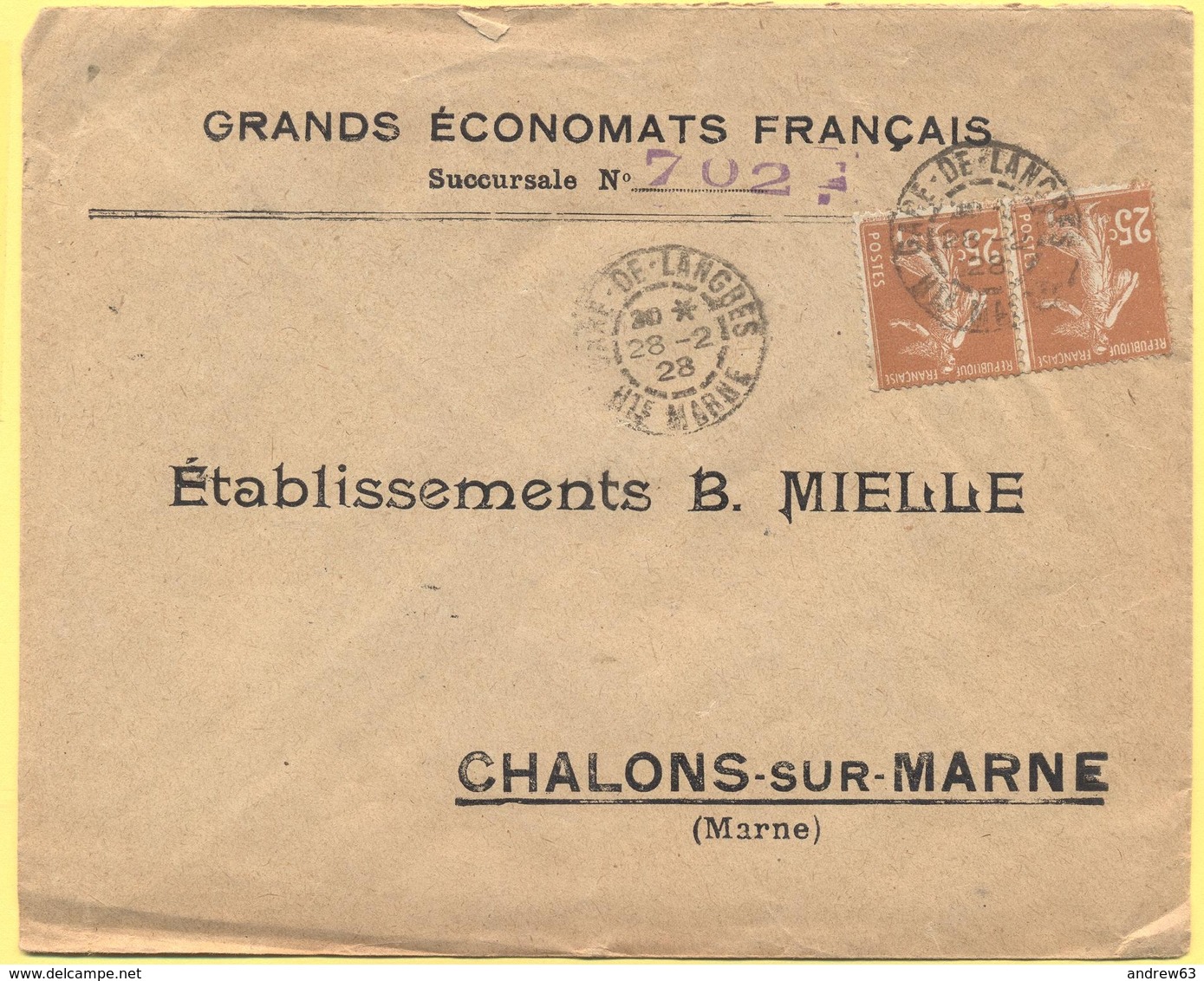 FRANCIA - France - 1928 - 2 X 25c Semeuse - Grands Économats Français - Viaggiata Da Gare De Langres Per Châlons-sur-Mar - Storia Postale