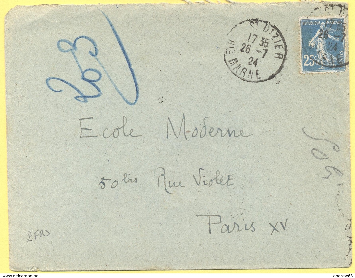 FRANCIA - France - 1924 - 25c Semeuse - Seul - Viaggiata Da Saint-Dizier Per Paris - Storia Postale