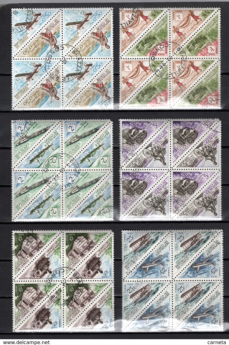 CONGO TAXE  N° 34 à 45 BLOCS DE QUATRE TIMBRES  OBLITERES  COTE  26.00€  AVION BATEAUX TRAIN VELO - Oblitérés