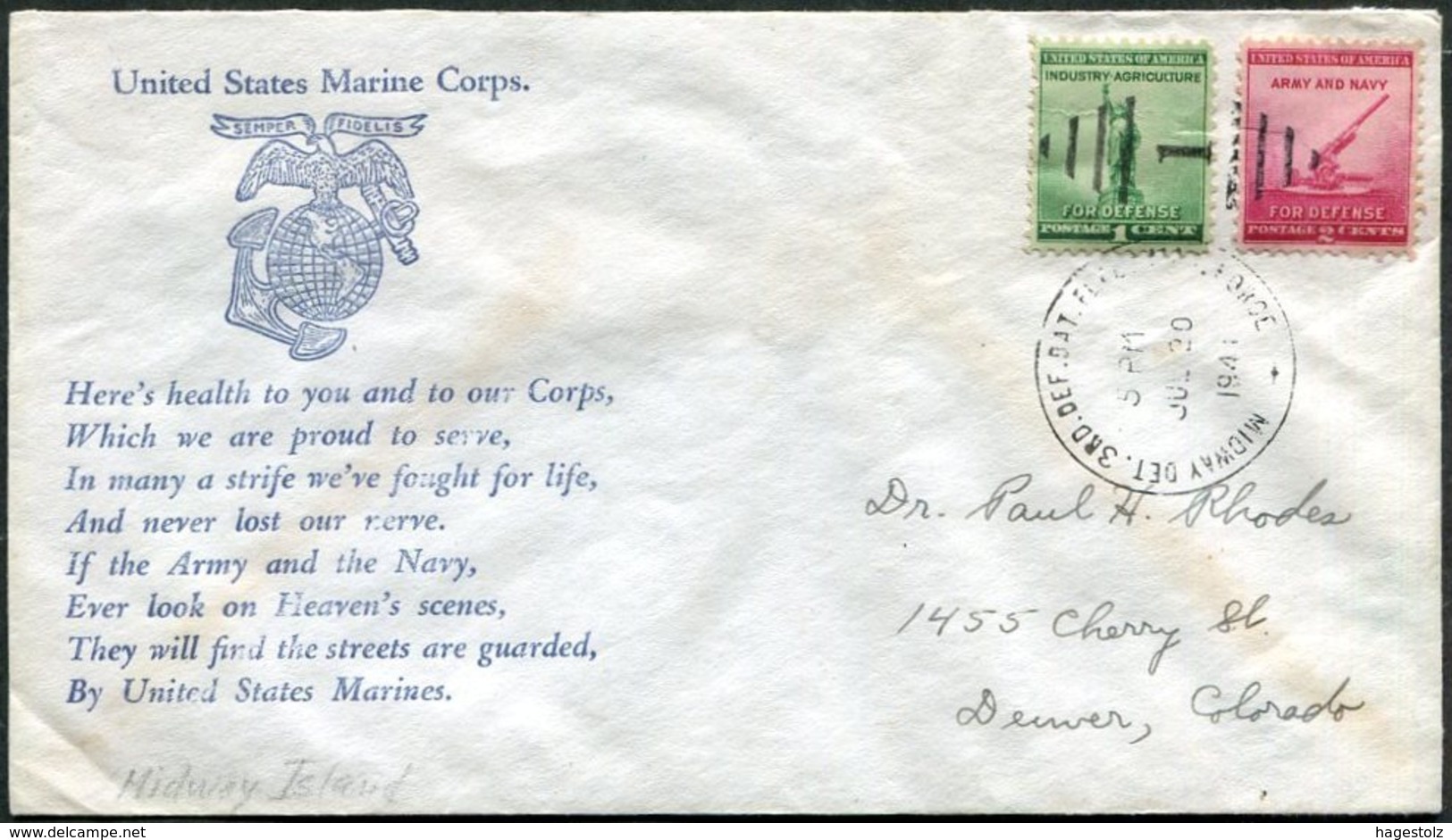MIDWAY ISLANDS Atoll US Possession 1941 USMC Patriotic Military Cover Marine Corps DET.3RD.DEF.BAT.FLEET MAR.FORCE >USA - Midway