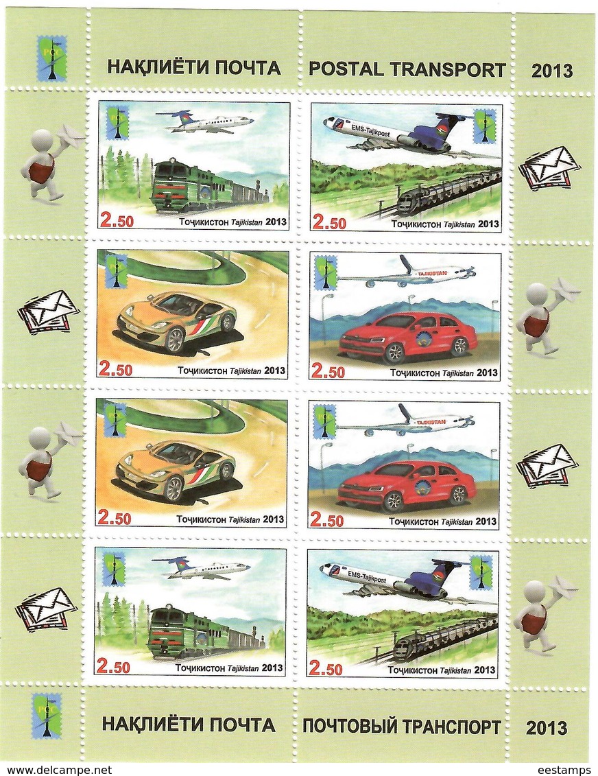 Tajikistan.2013 PCC. Postal Transport. Sheetlet Of 8 ( 2 Sets)   Michel # 623-26  KB - Tadschikistan