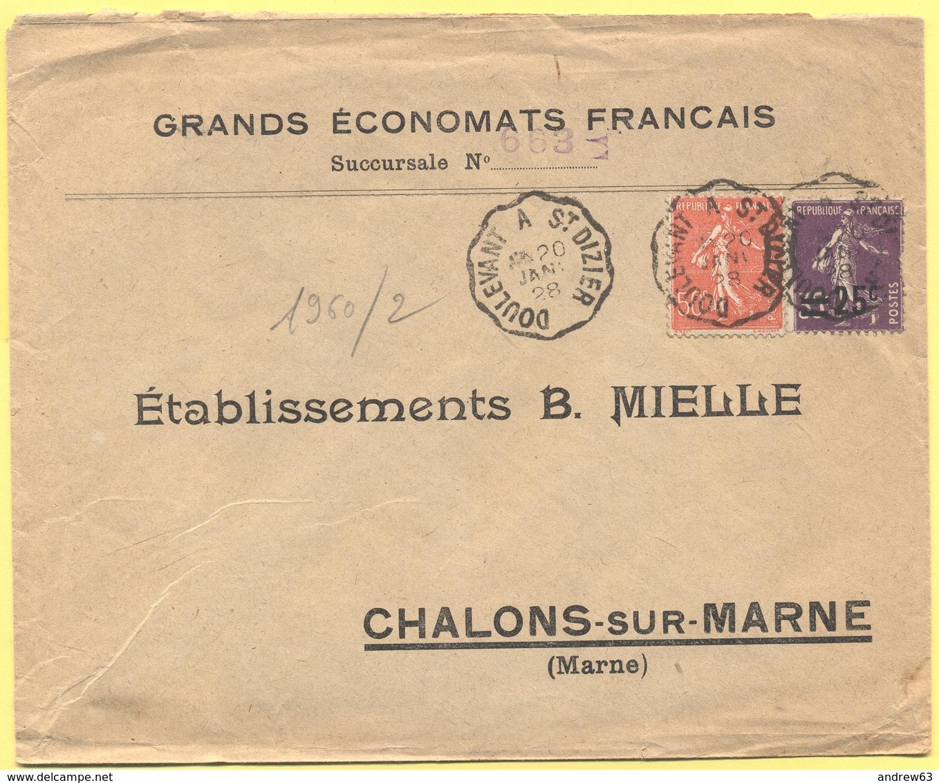 FRANCIA - France - 1928 - 50c + 35c Semeuse Surchargés 25c + Cachet Ambulant - Grands Économats Français - Viaggiata Da - Storia Postale