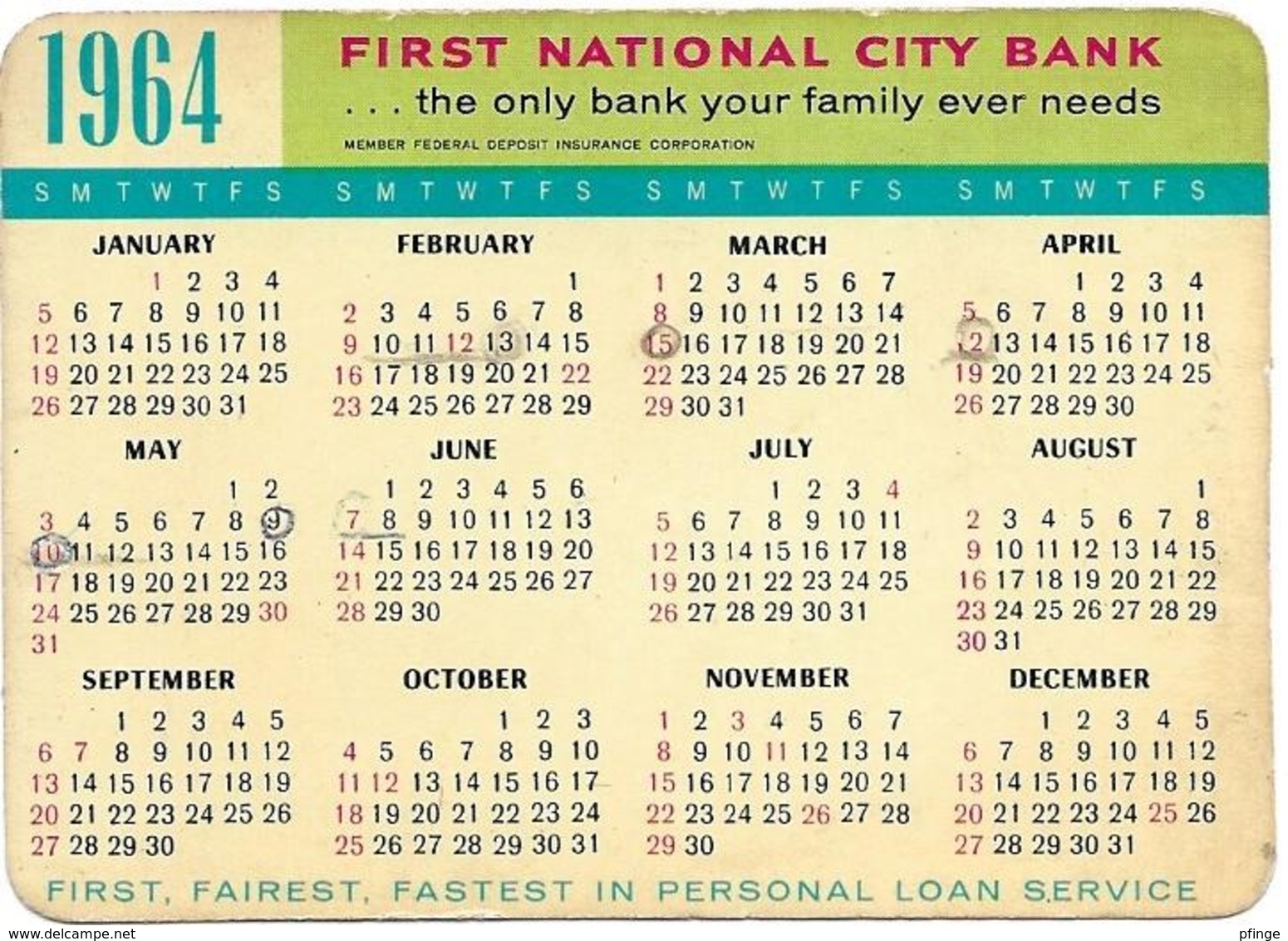 First National City Bank -  Calendrier 1964 - Small : 1961-70