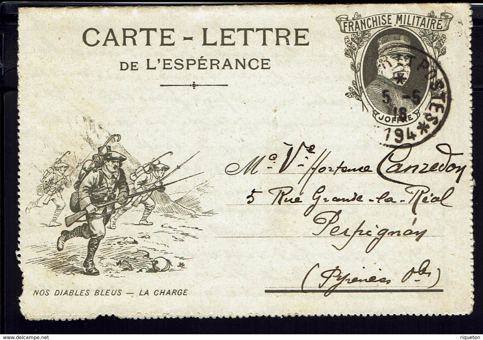 FR - 1916 - Carte-Lettre De L'Espérance Joffre En FM, Illustrée "Nos Diables Bleus à La Charge" Vers Perpignan - B/TB - - Guerra De 1914-18