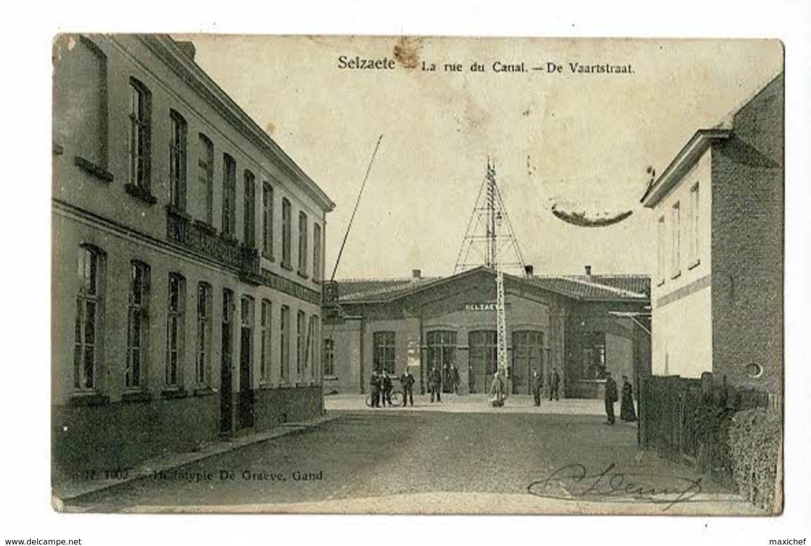 Selzaete - Zelzate - La Rue Du Canal - De Vaarstraat (commerces, Gare , Animation ) Circulé 1909, Timbre Décollé - Zelzate